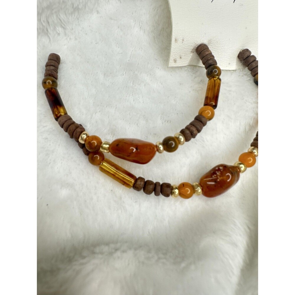 NEW Free People Beaded Hoop Earrings Set Brown Gold Tone Bohemian Beads Chic - Picture 2 of 3